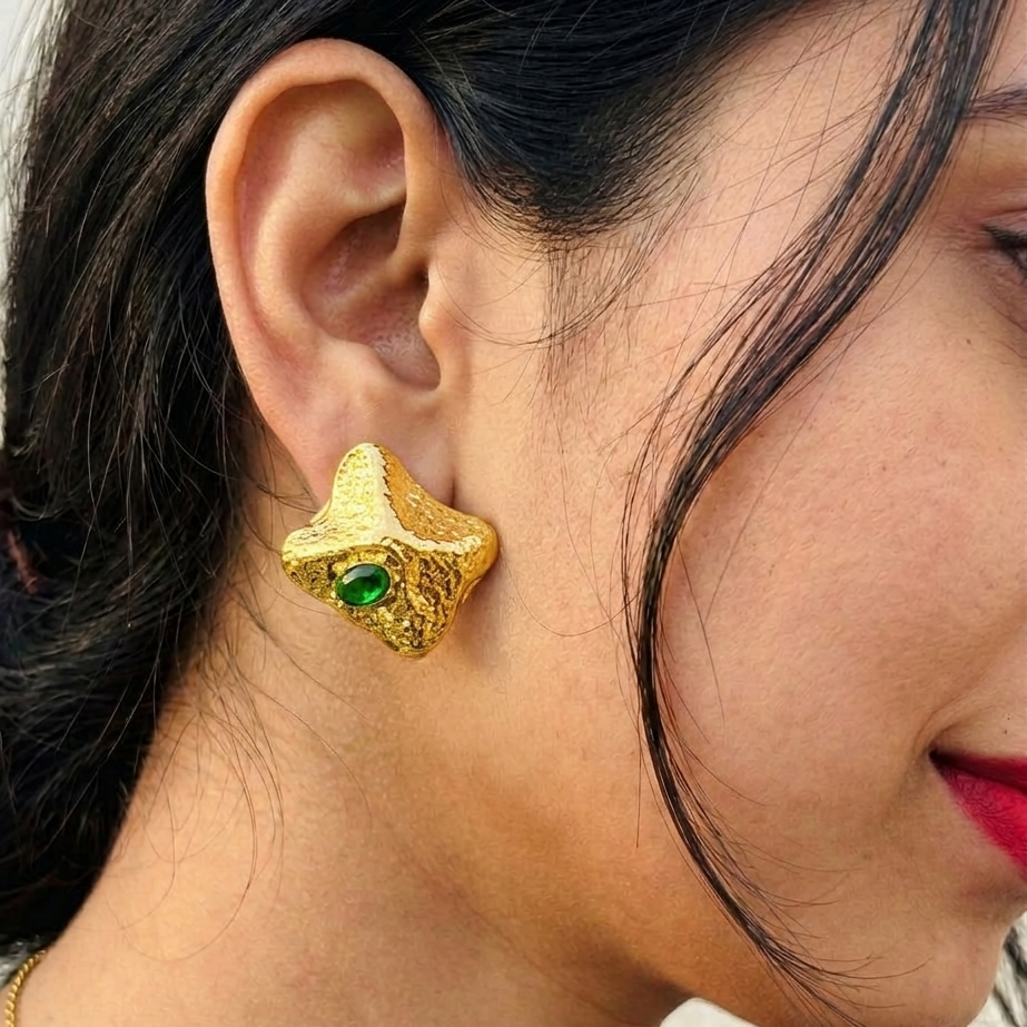 Textured Gold Emerald Green Statement Stud Earrings for Women – Anti Tarnish, Lightweight & Skin-Friendly