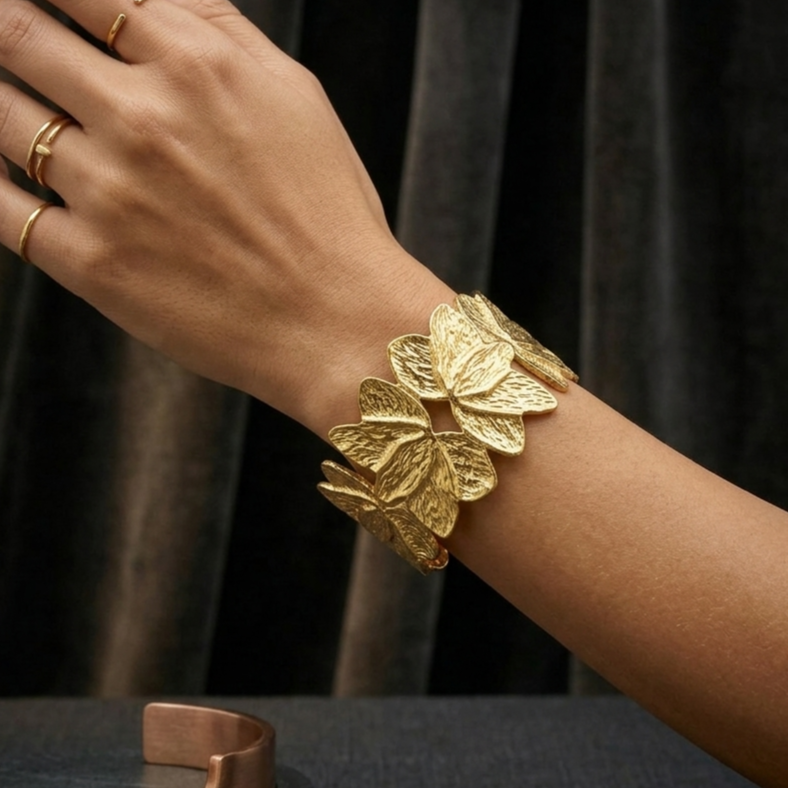 Textured Floral Gold Statement Kada Bracelet for Women – Anti Tarnish, Lightweight & Skin-Friendly