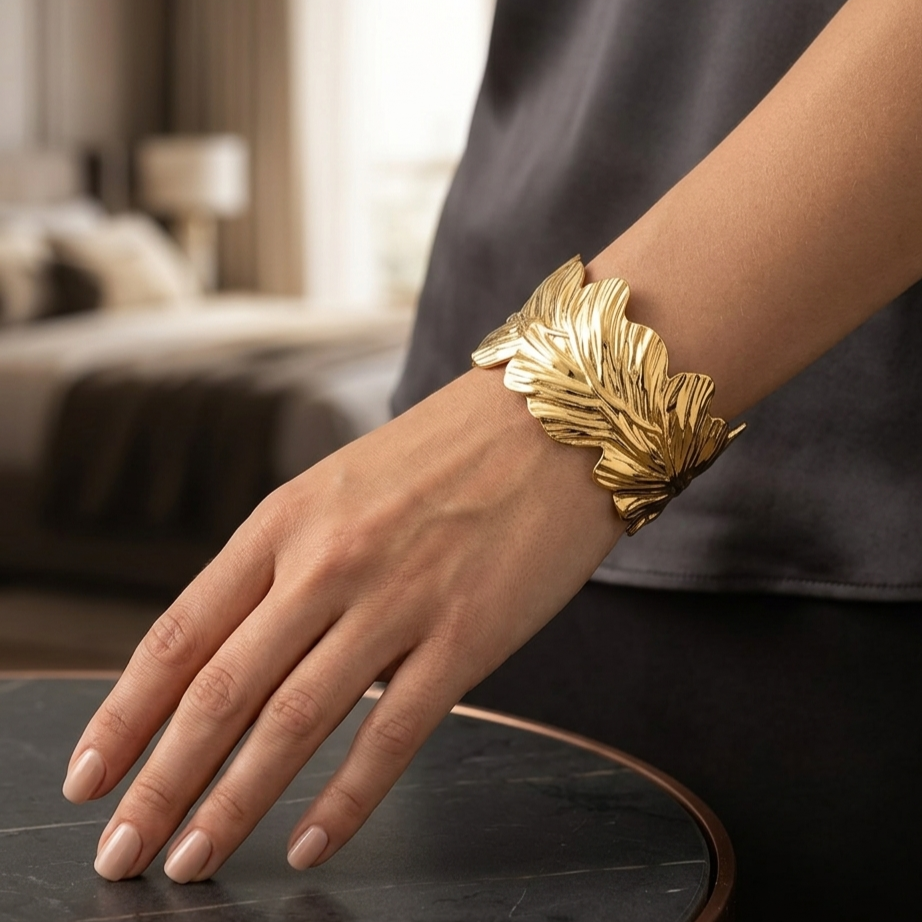 Aurelian Textured Golden Leaf Statement Kada Bracelet for Women – Anti Tarnish, Lightweight & Skin-Friendly