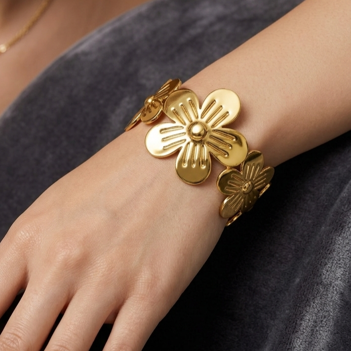 Floral Gold Statement Kada Bracelet for Women – Anti Tarnish, Lightweight & Skin-Friendly