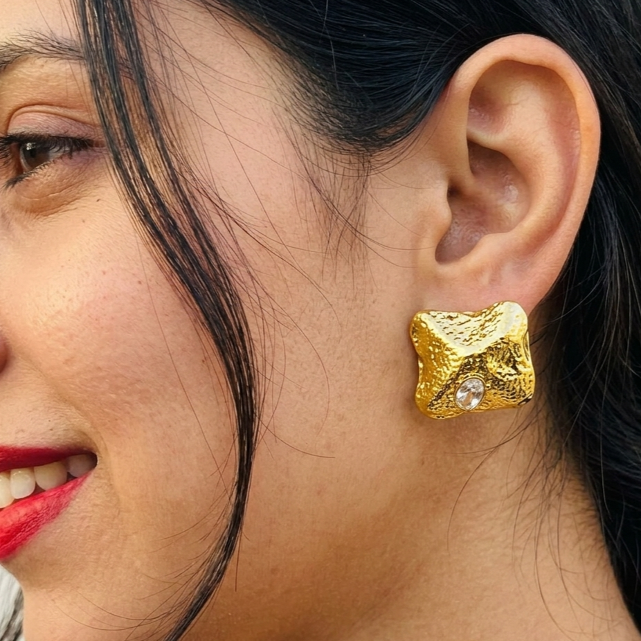 Textured Gold Crystal White Stone Statement Stud Earrings for Women – Anti Tarnish, Lightweight & Skin-Friendly