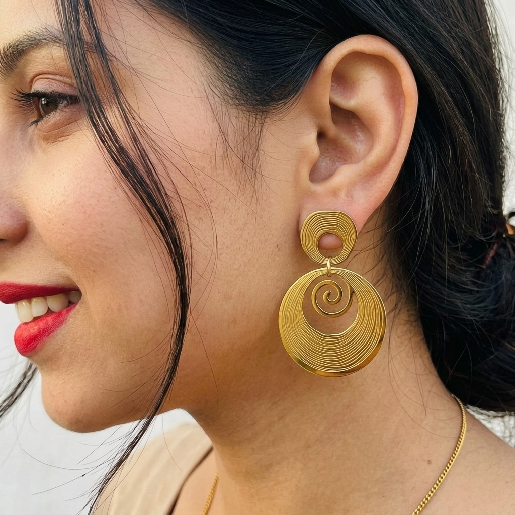 Designer Gold Swirl Dangle Statement Earrings for Women – Anti Tarnish, Lightweight & Skin-Friendly