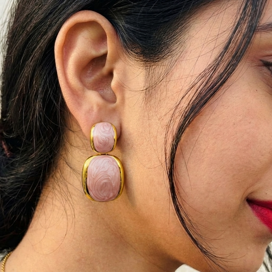 Elegant Marble Texture Pink Enamel Gold Plated Drop Earrings for Women – Anti Tarnish, Lightweight & Skin-Friendly