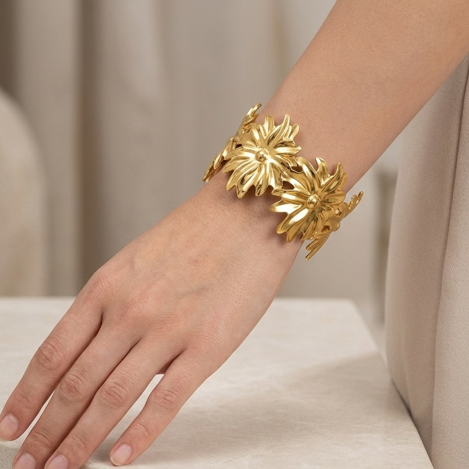 Designer Floral Gold Statement Kada Bracelet for Women – Anti Tarnish, Lightweight & Skin-Friendly