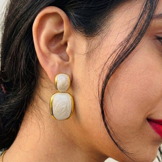 Elegant Marble Texture White Enamel Gold Plated Drop Earrings for Women – Anti Tarnish, Lightweight & Skin-Friendly