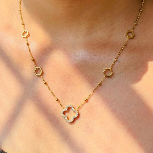 Gold Clover Charm Necklace with Crystal Floral Pendant for Women – Anti Tarnish, Lightweight & Skin-Friendly
