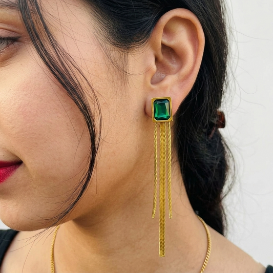 Luxury Emerald Green Stone Gold Plated Dangler Drop Earrings for Women – Anti Tarnish, Lightweight & Skin-Friendly