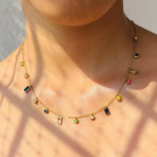 Vibrant Multi-Color Crystal Droplet Necklace – Anti Tarnish, Lightweight & Skin-Friendly