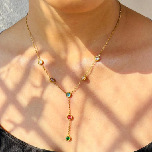 Vibrant Multi-Color Crystal Y-Drop Necklace – Anti Tarnish, Lightweight & Skin-Friendly