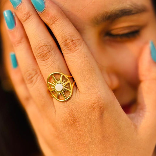 Adjustable Celestial Sun Statement Gold Ring with Center White Enamel for Women – Anti Tarnish, Lightweight & Skin-Friendly