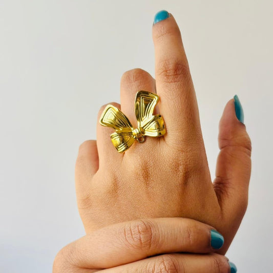 Elegant Golden Ribbon Bow Statement Ring for Women – Anti Tarnish, Lightweight & Skin-Friendly