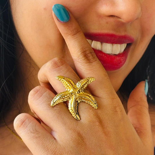 Golden Textured Starfish Statement Ring for Women – Anti Tarnish, Lightweight & Skin-Friendly