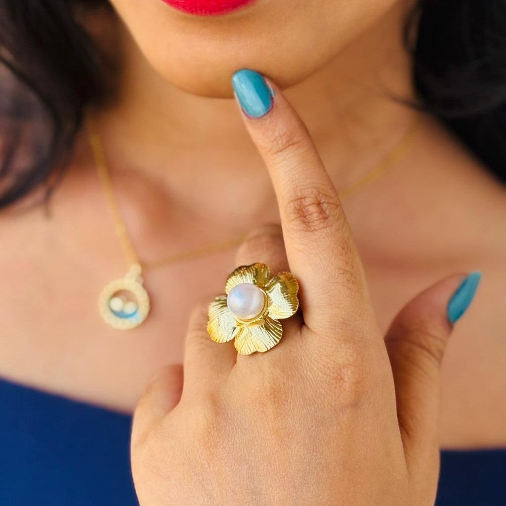 Gold Pearl Floral Adjustable Ring for Women – Anti Tarnish, Lightweight & Skin-Friendly