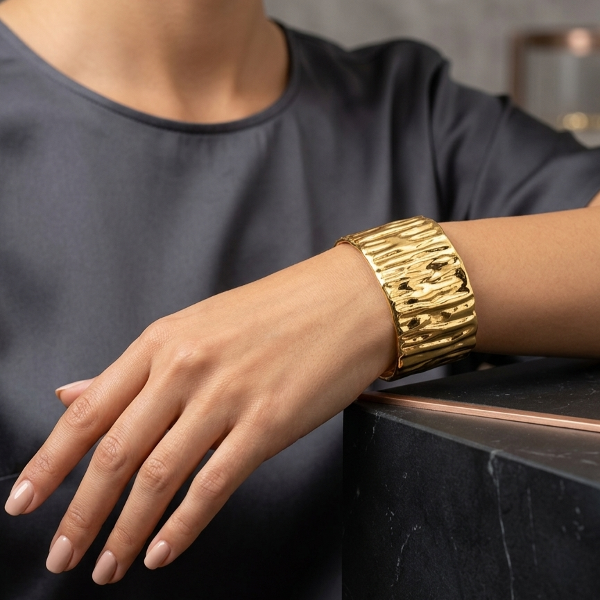 Bold Ribbed Gold Statement Kada Bracelet for Women – Anti Tarnish, Lightweight & Skin-Friendly