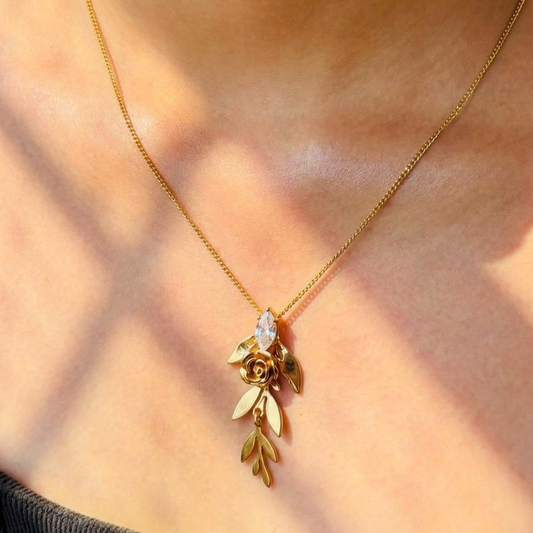 Rose Motif Gold Pendant Necklace with Crystal Leaf Charms for Women – Anti Tarnish, Lightweight & Skin-Friendly