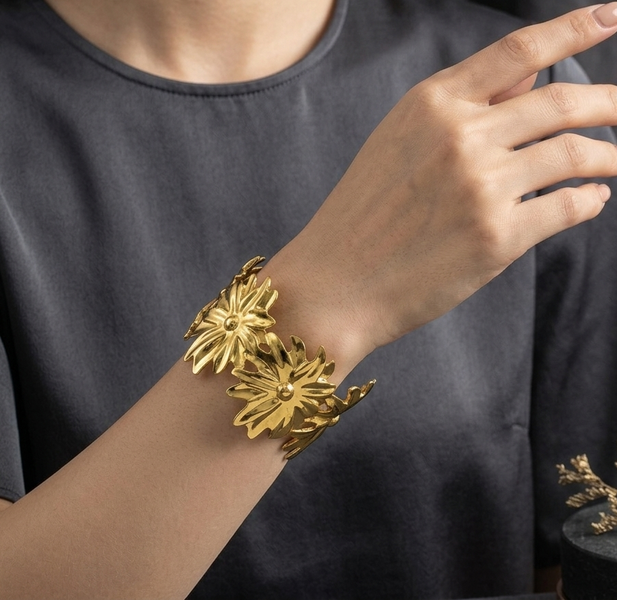 Designer Floral Gold Statement Kada Bracelet for Women – Anti Tarnish, Lightweight & Skin-Friendly