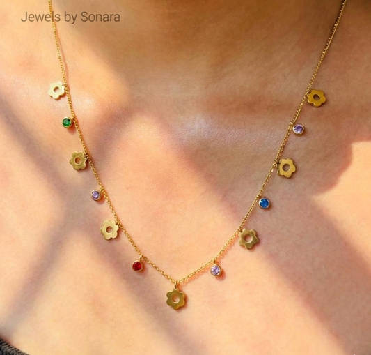 Elegant Multi-Stone Drop Floral Charm Necklace for Women – Anti Tarnish, Lightweight & Skin-Friendly