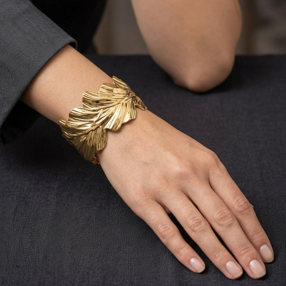 Aurelian Textured Golden Leaf Statement Kada Bracelet for Women – Anti Tarnish, Lightweight & Skin-Friendly