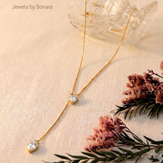 Y-Drop Gold Necklace with Double White Heart Stone Charms for Women – Anti Tarnish, Lightweight & Skin-Friendly