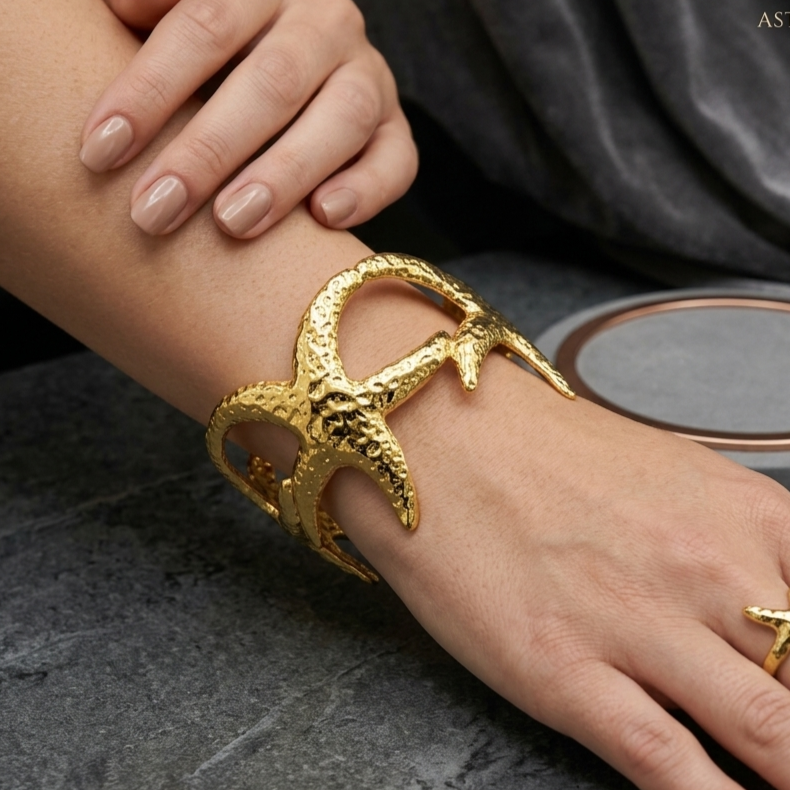 Ocean Starfish Coral Gold Statement Kada Bracelet for Women – Anti Tarnish, Lightweight & Skin-Friendly