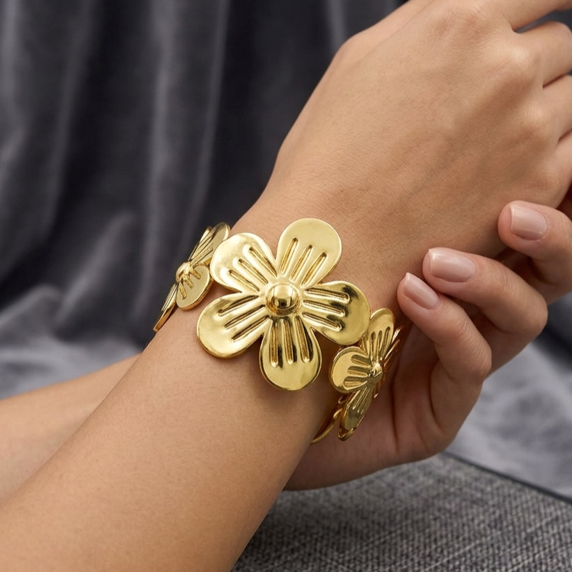 Floral Gold Statement Kada Bracelet for Women – Anti Tarnish, Lightweight & Skin-Friendly