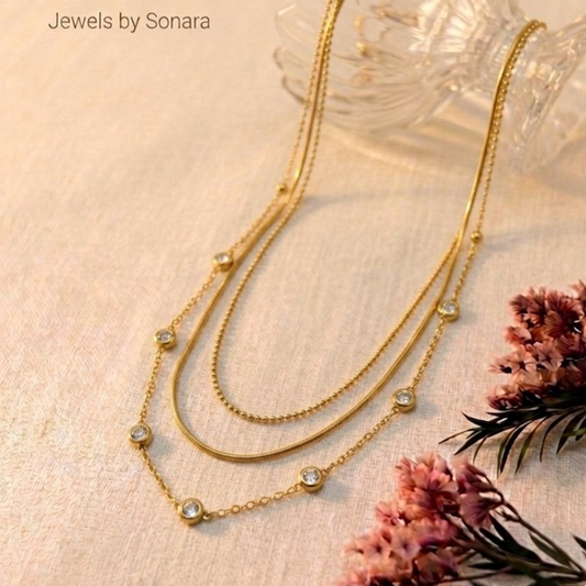 Elegant Triple-Layered Crystal Gold Chain Necklace – Anti Tarnish, Lightweight & Skin-Friendly