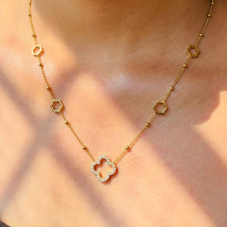 Gold Clover Charm Necklace with Crystal Floral Pendant for Women – Anti Tarnish, Lightweight & Skin-Friendly