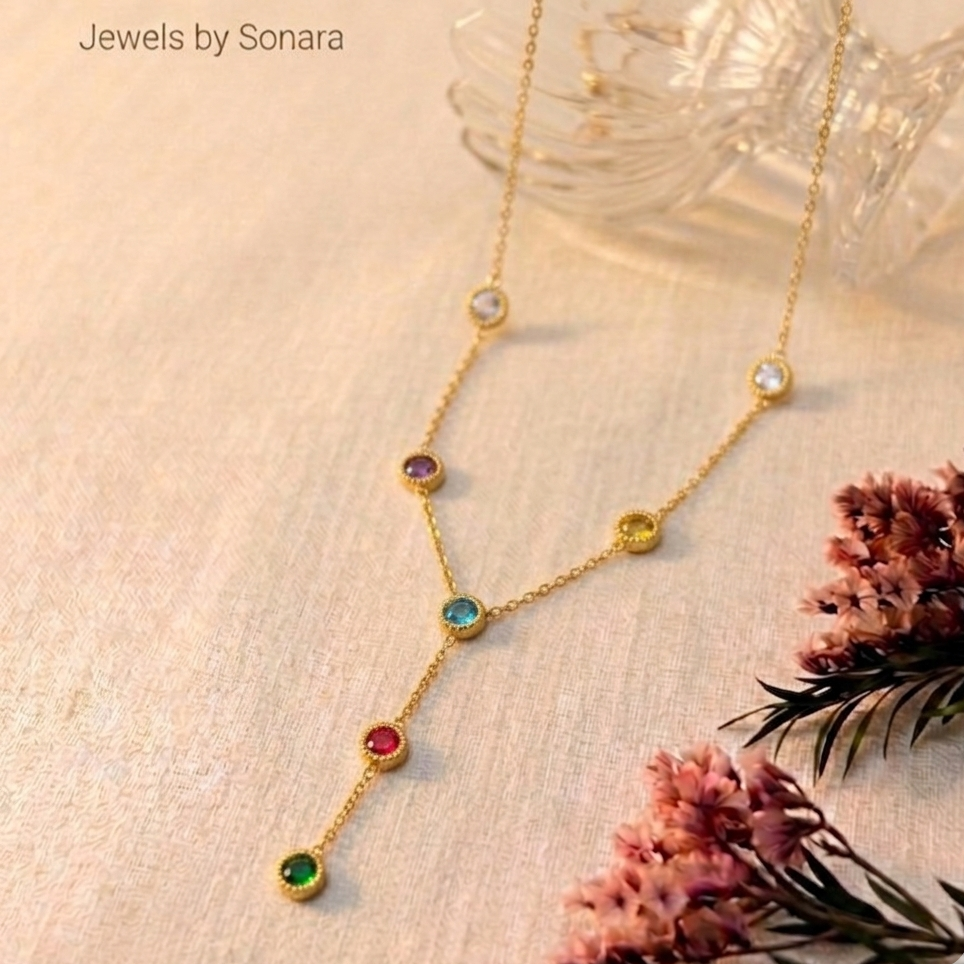 Vibrant Multi-Color Crystal Y-Drop Necklace – Anti Tarnish, Lightweight & Skin-Friendly