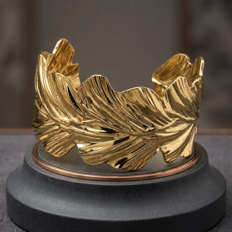 Aurelian Textured Golden Leaf Statement Kada Bracelet for Women – Anti Tarnish, Lightweight & Skin-Friendly