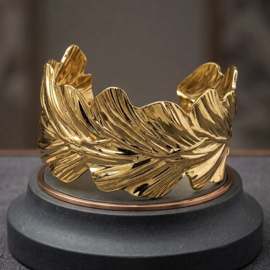 Aurelian Textured Golden Leaf Statement Kada Bracelet for Women – Anti Tarnish, Lightweight & Skin-Friendly