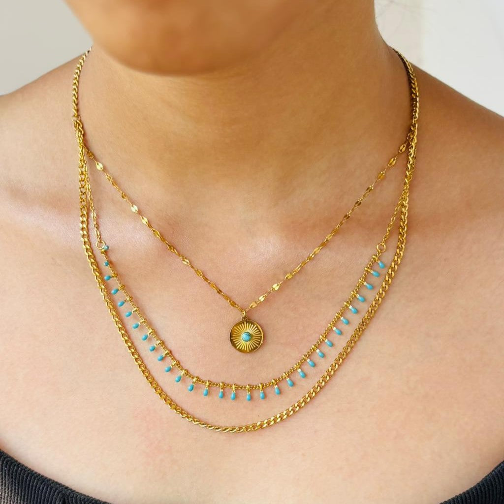Layered Gold Necklace with Turquoise Beads & Sunburst Pendant for Women – Anti Tarnish, Lightweight & Skin-Friendly