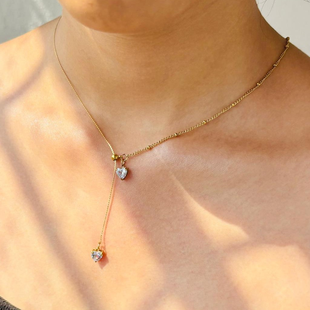 Y-Drop Gold Necklace with Double White Heart Stone Charms for Women – Anti Tarnish, Lightweight & Skin-Friendly