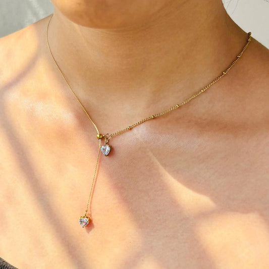 Y-Drop Gold Necklace with Double White Heart Stone Charms for Women – Anti Tarnish, Lightweight & Skin-Friendly