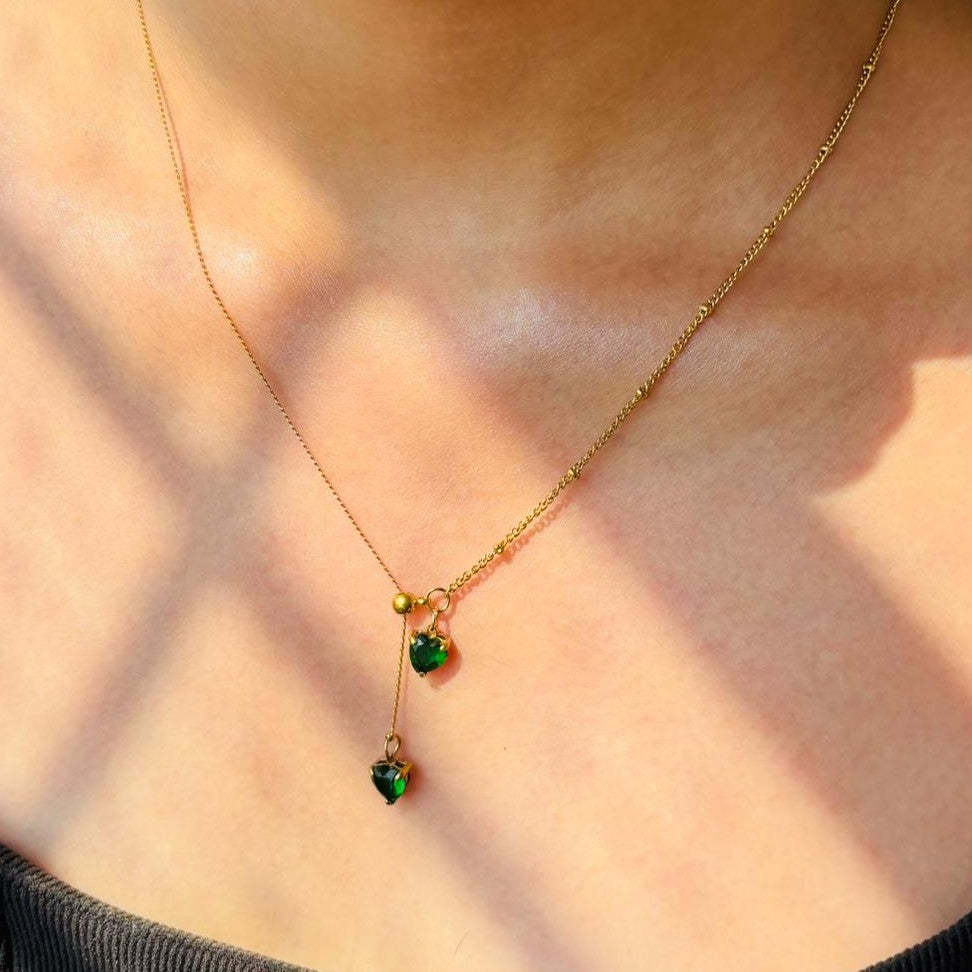 Y-Drop Gold Necklace with Double Emerald Green Heart Charms for Women – Anti Tarnish, Lightweight & Skin-Friendly