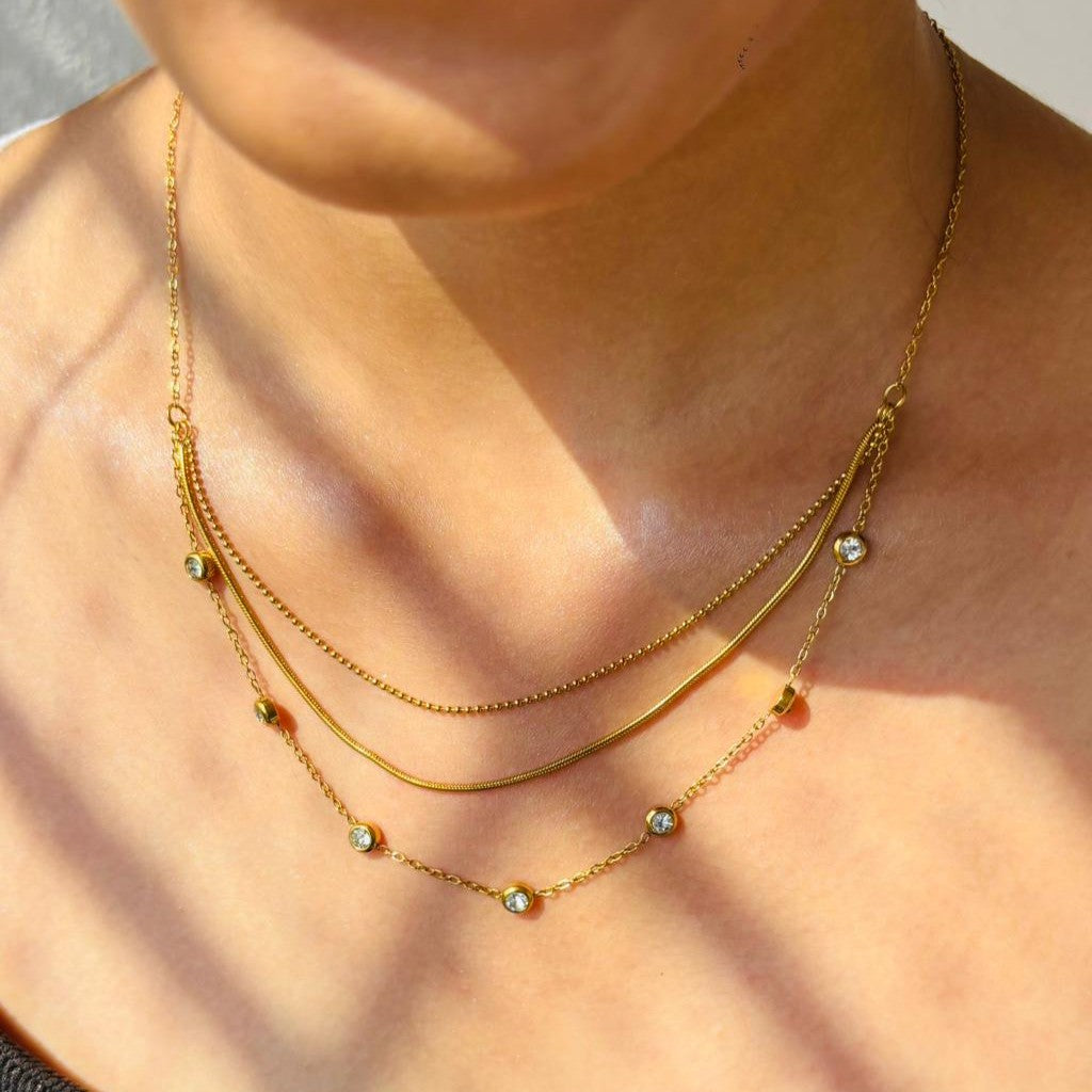 Elegant Triple-Layered Crystal Gold Chain Necklace – Anti Tarnish, Lightweight & Skin-Friendly