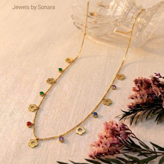 Elegant Multi-Stone Drop Floral Charm Necklace for Women – Anti Tarnish, Lightweight & Skin-Friendly