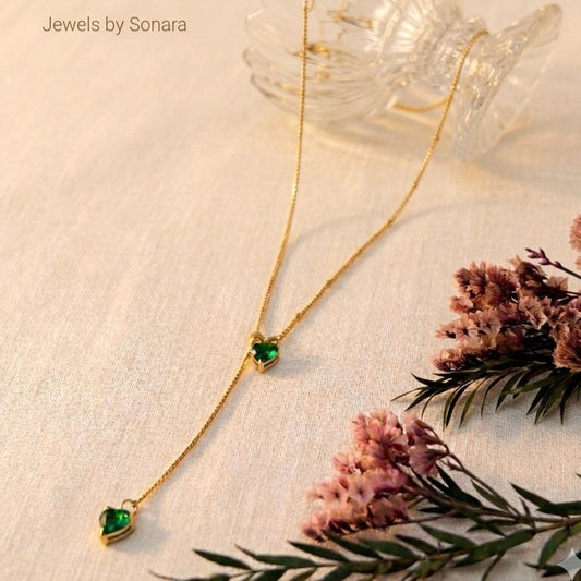 Y-Drop Gold Necklace with Double Emerald Green Heart Charms for Women – Anti Tarnish, Lightweight & Skin-Friendly
