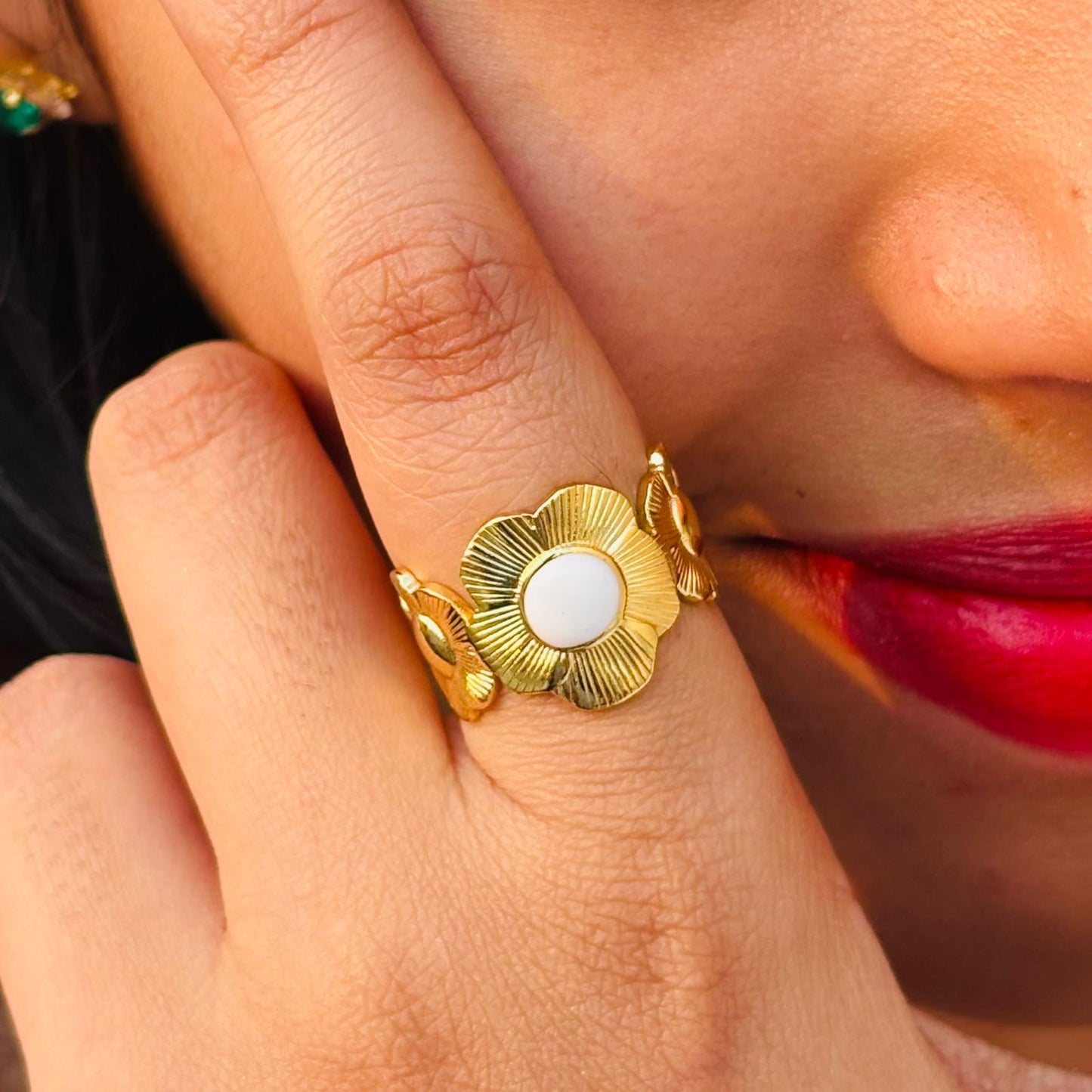 Dainty Ribbed Flower Band with White Enamel Stone Statement Gold Ring – Anti Tarnish, Lightweight & Skin-Friendly