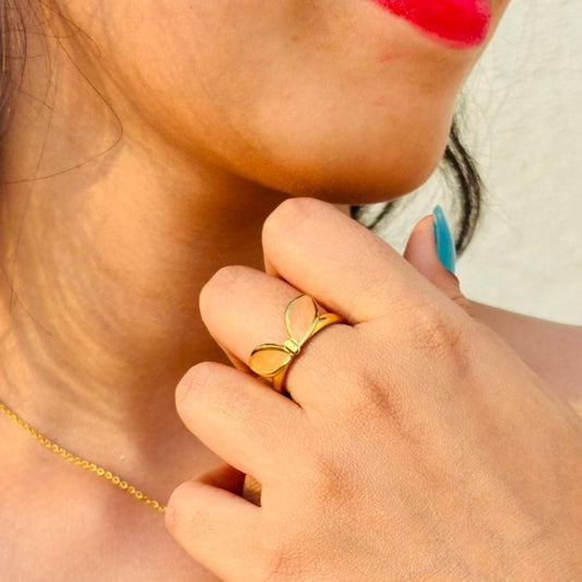 Cute Bow Style with Peach Enamel Gold Ring for Women – Anti Tarnish, Lightweight & Skin-Friendly