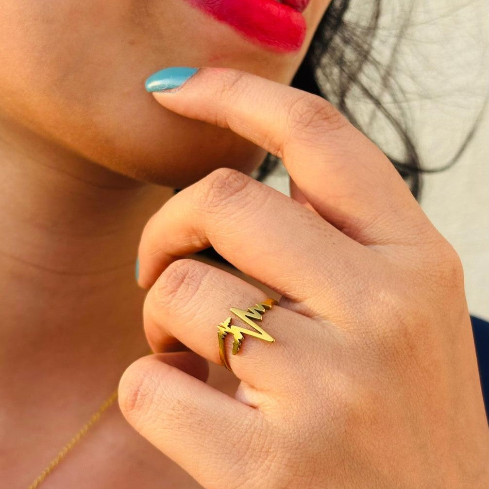 Trendy Heartbeat Pulse Design Gold Statement Ring for Women – Anti Tarnish, Lightweight & Skin-Friendly