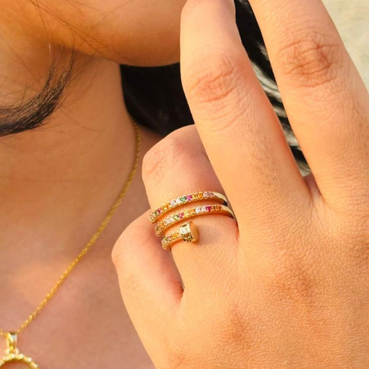 Adjustable Layered Multicolor Zircon Stone Designer Gold Ring for Women  – Anti Tarnish, Lightweight & Skin-Friendly