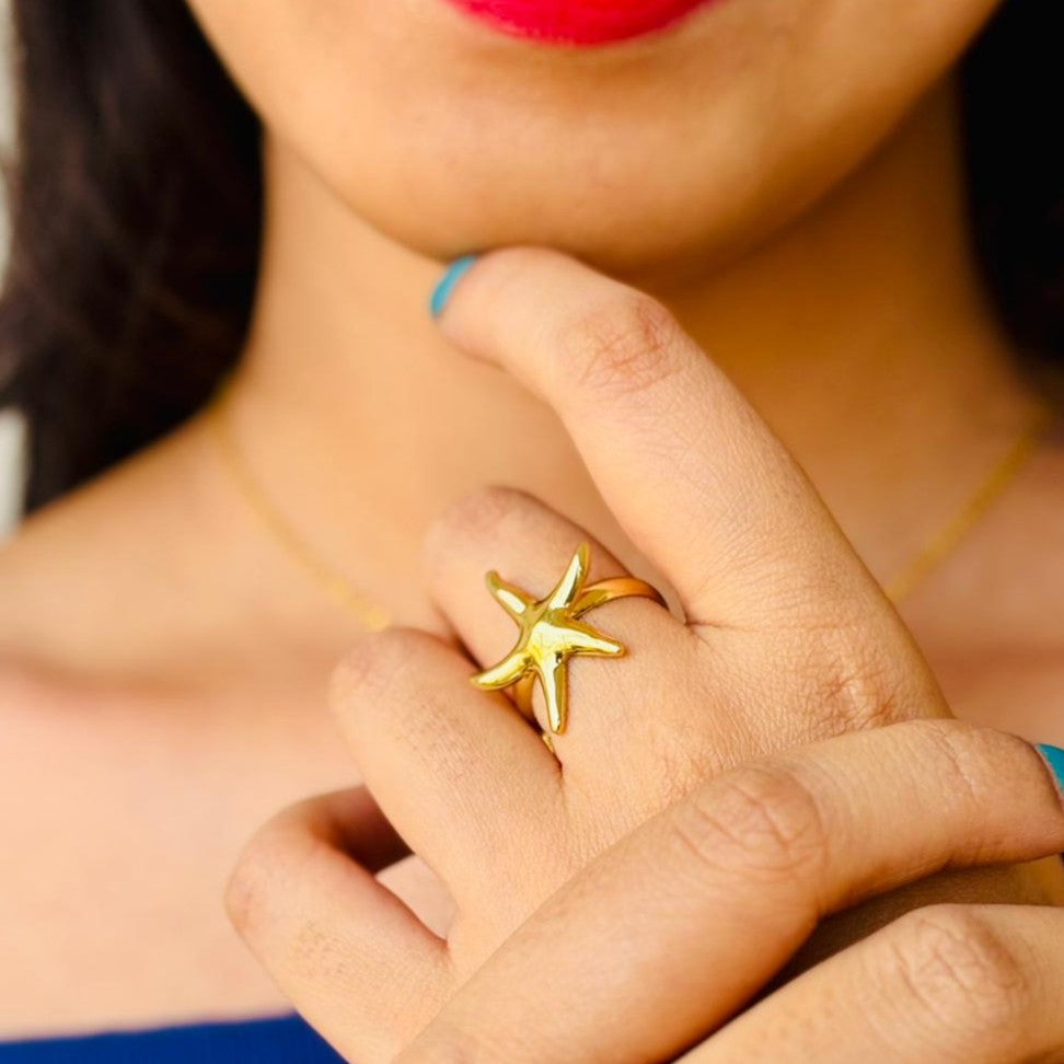 Golden Oceanic Starfish Statement Ring for Women – Anti Tarnish, Lightweight & Skin-Friendly