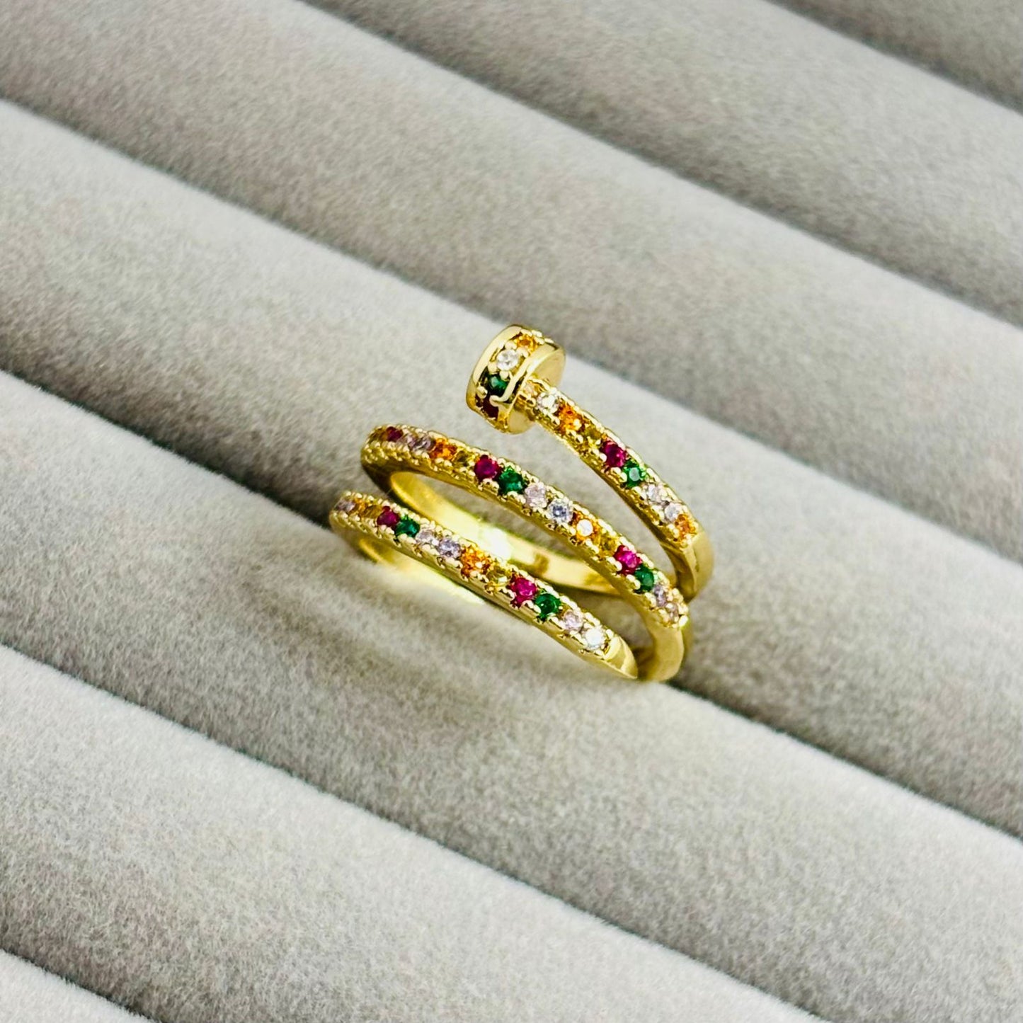 Adjustable Layered Multicolor Zircon Stone Designer Gold Ring for Women  – Anti Tarnish, Lightweight & Skin-Friendly