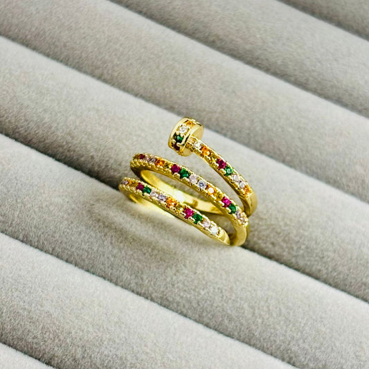 Adjustable Layered Multicolor Zircon Stone Designer Gold Ring for Women  – Anti Tarnish, Lightweight & Skin-Friendly