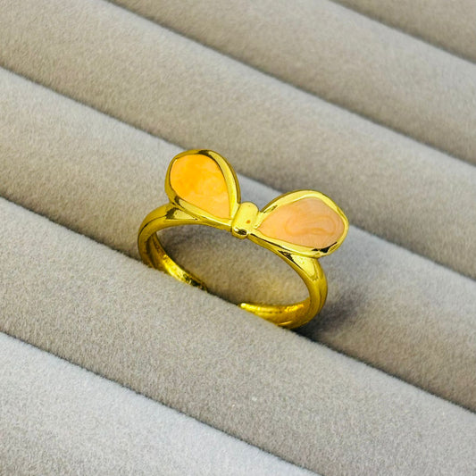 Cute Bow Style with Peach Enamel Gold Ring for Women  – Anti Tarnish, Lightweight & Skin-Friendly