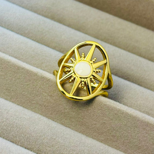 Adjustable Celestial Sun Statement Gold Ring with Center White Enamel for Women – Anti Tarnish, Lightweight & Skin-Friendly