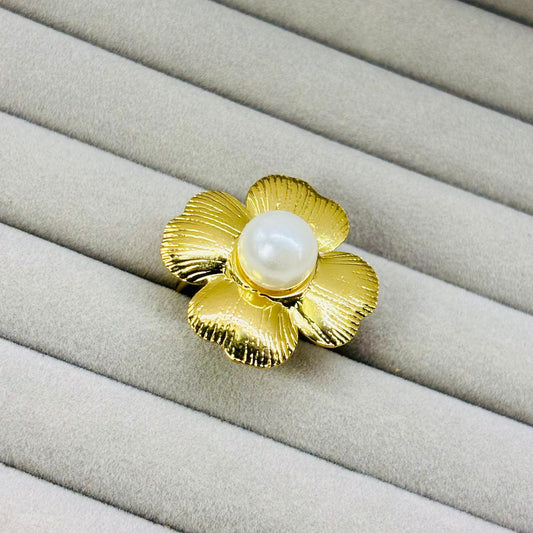 Gold Pearl Floral Adjustable Ring for Women – Anti Tarnish, Lightweight & Skin-Friendly