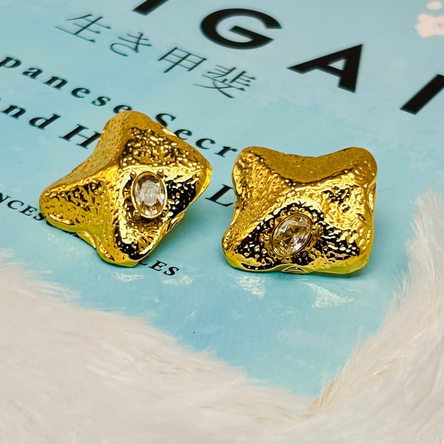Textured Gold Crystal White Stone Statement Stud Earrings for Women – Anti Tarnish, Lightweight & Skin-Friendly