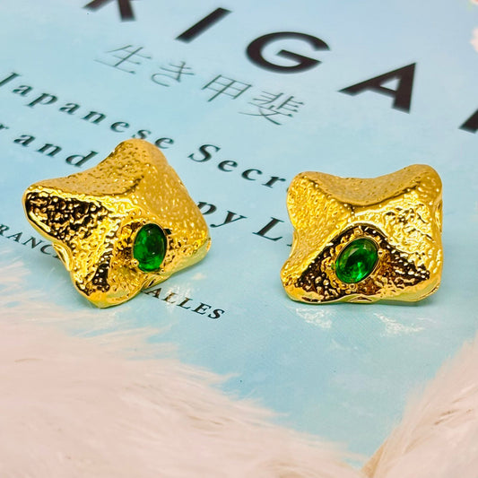 Textured Gold Emerald Green Statement Stud Earrings for Women – Anti Tarnish, Lightweight & Skin-Friendly