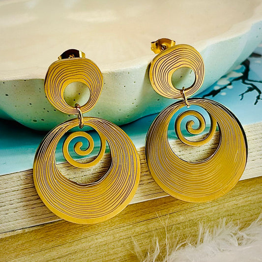 Designer Gold Swirl Dangle Statement Earrings for Women – Anti Tarnish, Lightweight & Skin-Friendly